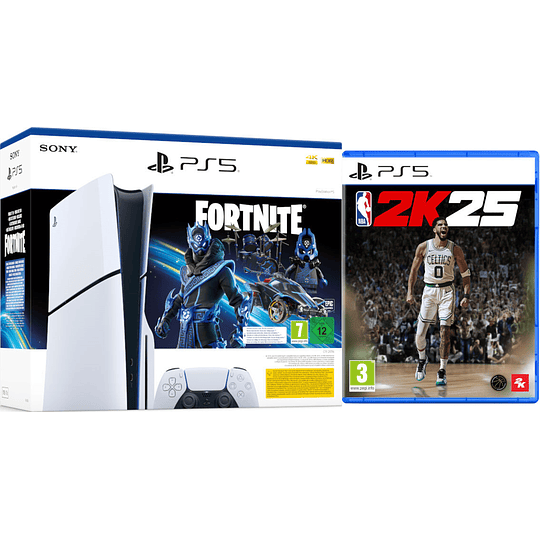 CONSOLA WHITE SLIM EDITION + DUALSENSE (1TB) + FORTNITE COBALT STAR + NBA 2K25/PEGI 12