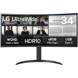 LG Ultrawide Monitor 34" Curvo LED VA WQHD 100Hz - Respuesta 5ms - Angulo de Vision 178º - Ajustable en Altura e Inclinacion - 21:9 - USB-A, USB-C 65W