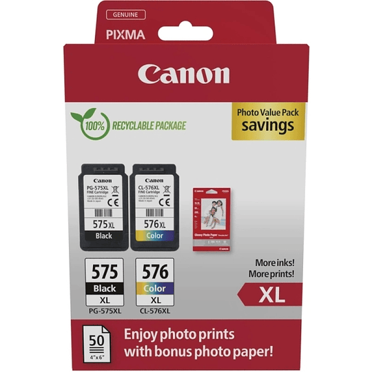 Canon PG575XL/CL576XL Multipack de 2 Cartuchos de Tinta Originales + 50 Hojas de Papel Fotografico - 5437C006