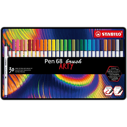 Stabilo Pen 68 Brush Arty Caja Metalica de 30 Rotuladores - Punta de Pincel - Tinta a Base de Agua - Colores Surtidos