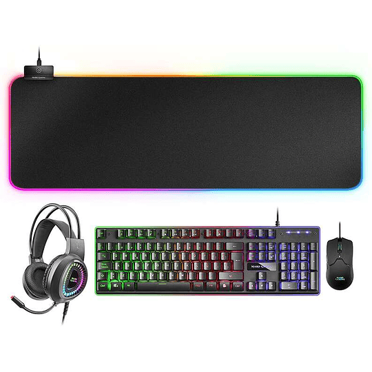 Mars Gaming Pack 4 en 1 USB con Iluminacion RGB Teclado Tecnologia Hibrida H-Mech, Antighosting + Raton 10000dpi + Auriculares con Microfono + Alfombr