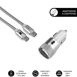 Subblim Cargador Coche Dual PD20W+QC3.0+C to C/Lightning cable - 20W - Carga rápida simultánea - Cable USB C reversible - Color Plata