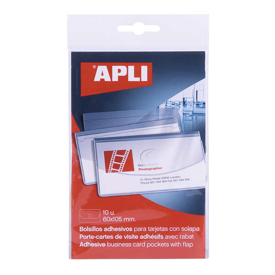 Apli Bolsillos Adhesivos Porta Tarjetas con Solapa de Cierre - Pack de 10 - 100 x 60mm - Ideal para Presentaciones Impresas, Dosieres