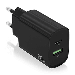 Aisens Cargador 20W - 1xUSB-C PD3.0 - 1xUSB-A QC3.0 - Color Negro