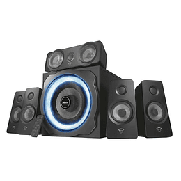 Trust Gaming GXT 658 Tytan Set de Altavoces 5.1 180W - Subwoofer de Madera - Iluminacion LED Azul - Bajos Profundos - Mando a Distancia - Color Negro