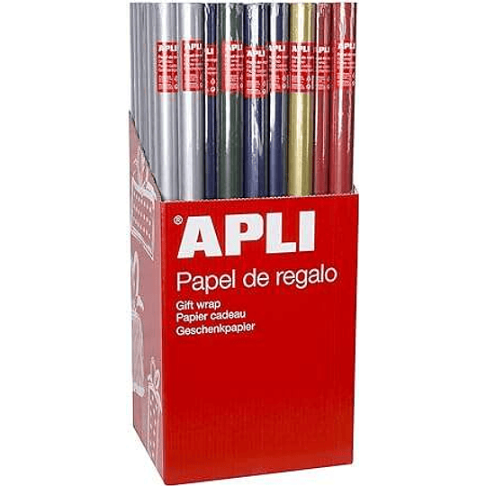 Apli Expositor de 55 Rollos de Papel Regalo Kraft - 11 Rollos por Color - Medidas del Rollo 0.70x2m - Colores Azul Oscuro, Verde Oscuro, Rojo, Oro y P