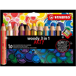 Stabilo Woody 3 en 1 Arty Pack de 10 Lapices de Colores + Sacapuntas - Lapiz de Color, Cera y Acuarela, Todo en Uno - Mina XXL 10mm - Colores Surtidos