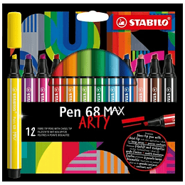 Stabilo Pen 68 MAX Arty Pack de 12 Rotuladores - Punta de Fibra Biselada - Trazo entre 1-5mm aprox. - Tinta a Base de Agua - Colores Surtidos