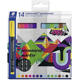 Staedtler Lumocolor 318 Pack de 14 Rotuladores Permanentes - Trazo Fino 0.6mm - Secado Rapido - Muy poco Olor - Colores Surtidos