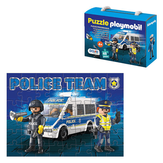 Dohe Playmobil Puzzle para Niños de 48 Piezas - Tematica Policia - Doble Capa de Carton - Capa Intermedia de Contrachapado - Estimula Imaginacion y Ra