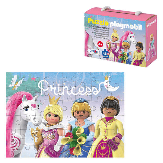 Dohe Playmobil Puzzle para Niños de 48 Piezas - Tematica Princesas - Doble Capa de Carton - Capa Intermedia de Contrachapado - Estimula Imaginacion y 