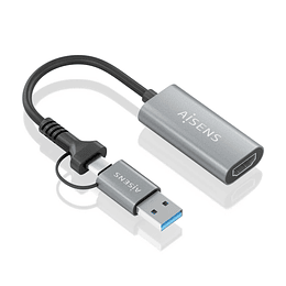 Aisens Conversor Aluminio USB-A+USB-C a HDMI 1080P@60HZ - USB-A/M+USB-C/M-HDMI/H - 15cm - Color Gris