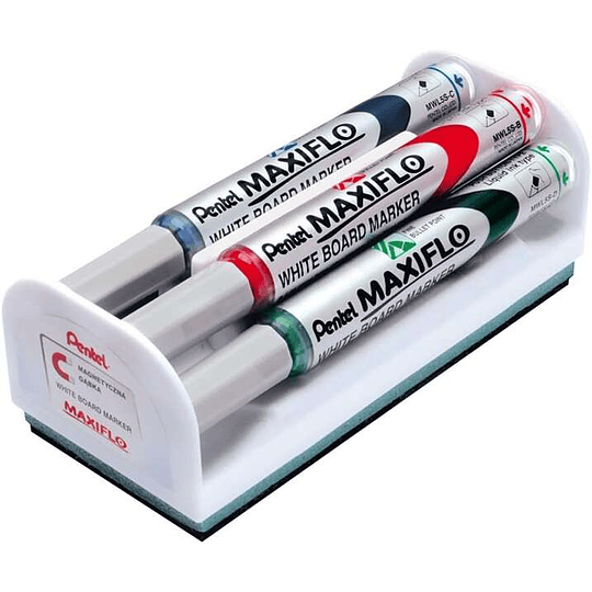 Pentel Maxiflo Pack de 4 Rotuladores para Pizarra Blanca + Borrador Magnetico - Punta de Bala - Ancho de Linea 2mm - Regulacion del Flujo de Tinta - C