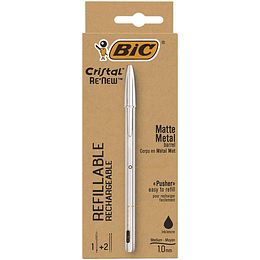 Bic Cristal Re´new Pack de Boligrafo Recargable de Bola + 2 Recambios - Punta Redonda de 1.0mm - Trazo 0.32mm - Tinta con Base de Aceite - Cuerpo Meta