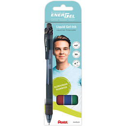 Pentel EnerGel X Pack de 4 Boligrafos de Bola Retractiles Tinta Gel - Punta 0.7mm - Trazo 0.35mm - Recargable - Grip de Agarre - 50% de Materiales Rec