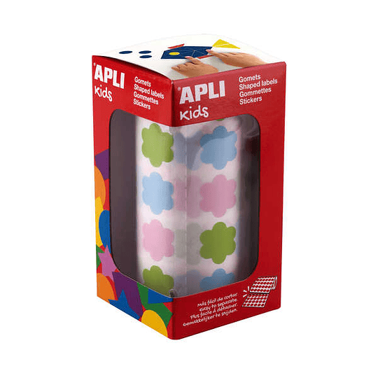 Apli Kids Rollo de 900 Gomets con Forma de Flor - Adhesivo Base Agua - Libre de Disolventes - Materiales 100% Reciclables - Colores Azul, Verde y Rosa