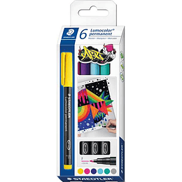 Staedtler Lumocolor 318 C6 Pack de 6 Rotuladores Permanentes - Trazo de 0.6mm Aprox - Secado Rapido - Colores Surtidos