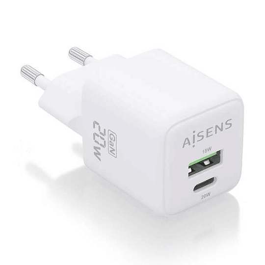 Aisens Cargador Gan 20W - 1xUSB-C PD3.0 QC4.0 - 1xUSB-A QC3.0 - Color Blanco