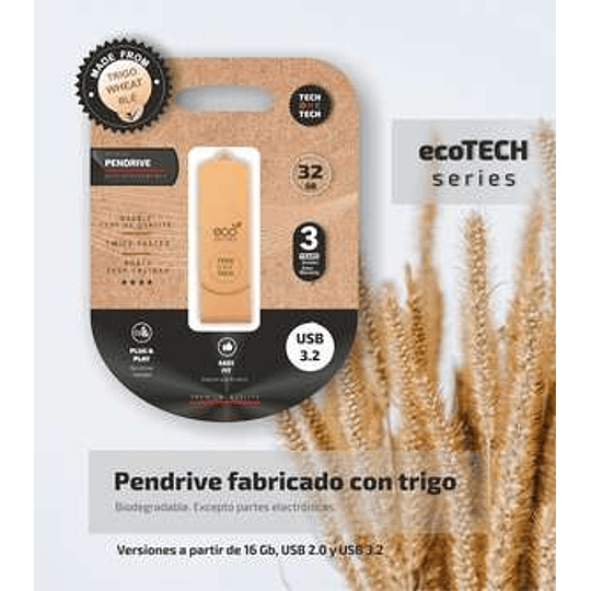 TechOneTech ecoTech Memoria USB 3.2 32GB (Pendrive) - Fabricado con Paja de Trigo