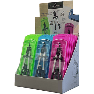Faber-Castell Expositor de 15 Compases de Ajuste con Tornillo Central - Articulaciones en ambos Brazos - Adaptador Universal - Bote con Minas