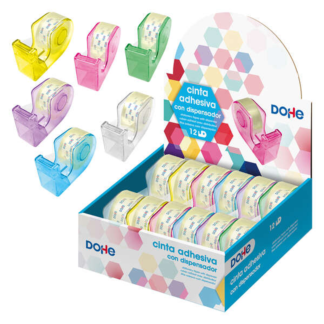 Dohe Expositor con 12 Dispensadores de Cinta Adhesiva - Cinta Adhesiva de 18mmx20M - Practico y Versatil - Colores Surtidos 1