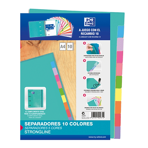 Oxford Strongline A4 Separadores - 10 Posiciones de Diferentes Colores - 4 Taladros - Cartulina 200gr