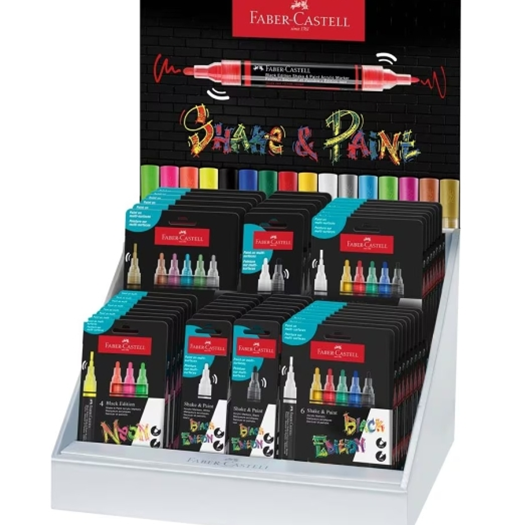 Faber-Castell Shake & Paint Black Edition Expositor con 36 Estuches Surtidos de Rotuladores Acrilicos Doble Punta - Puntas Redondas de 1mm y 3mm - Tin 1