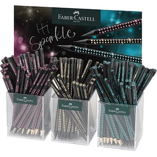 Faber-Castell Sparkle Medianoche Expositor con 144 Lapices Triangulares de Grafito B - Mina Resistente a la Rotura - Con Boton de Purpurina Rosa, Ocea