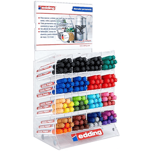 Edding 3000 Expositor con 128 Rotuladores Permanentes - Punta Redonda de 1.5mm - Trazo entre 1.5 y 3mm - Recargable - Secado Rapido - Colores Surtidos