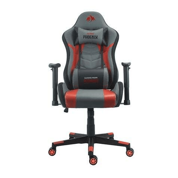 Cromad Serie Phoenix Silla Gaming - Altura Regulable con Piston de Gas Clase 2 - Reclinable hasta 180º - Cojines Lumbar y Cervical - Color Gris/Rojo/N 1