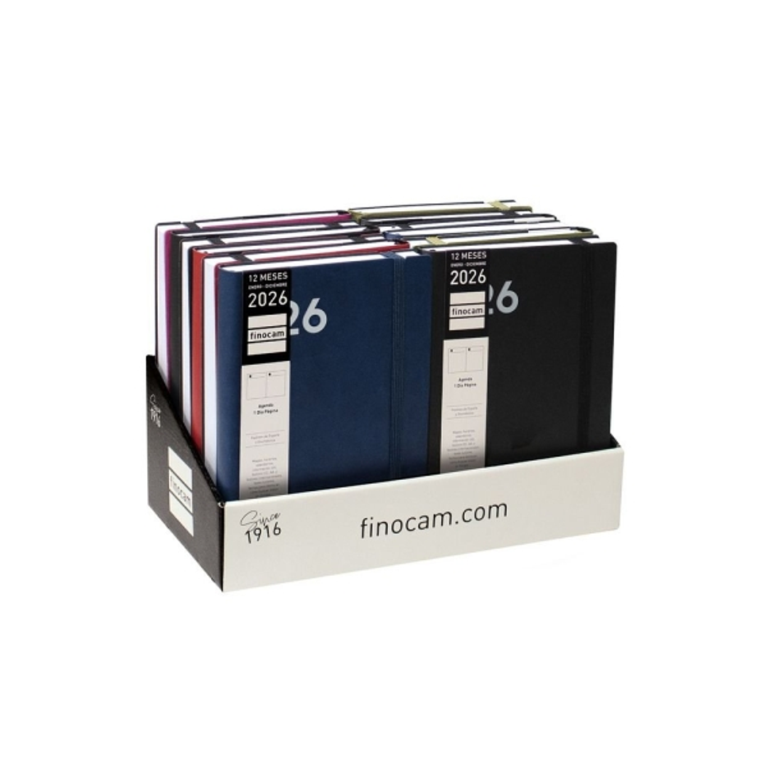 Finocam Dynamic Mara Expositor con 12 Agendas Surtidas - Anual 2026 - Tapa Blanda - Cierre con Goma Elastica - Formato Y10 - 1 Dia por Pagina - Color  1