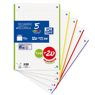 Oxford School Pack de 5 A4 Recambio - 1 Linea Promocion - 100+20 Hojas - Colores Surtidos