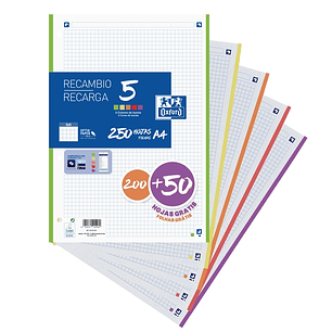 Oxford School Pack de 5 A4 Recambio - 5x5 Promocion - 200+50 Hojas - Colores Surtidos