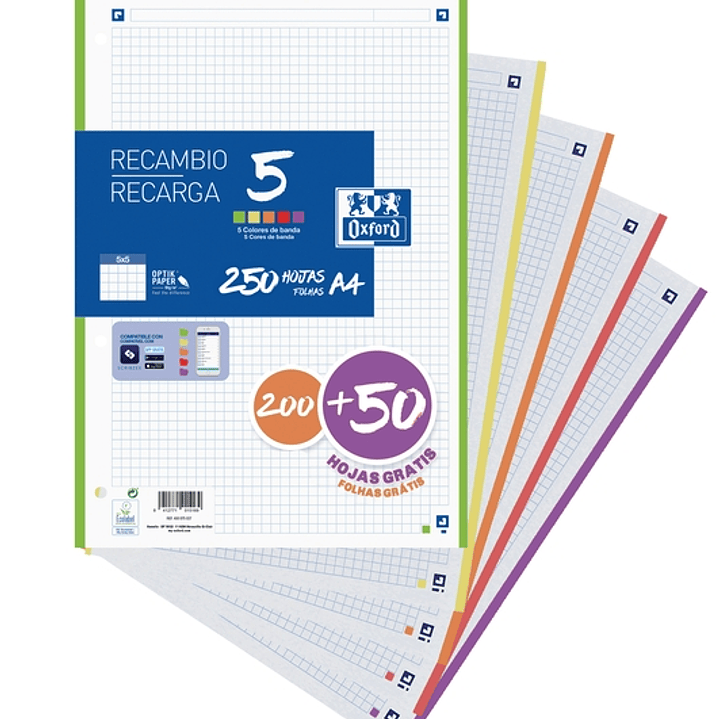 Oxford School Pack de 5 A4 Recambio - 5x5 Promocion - 200+50 Hojas - Colores Surtidos 1