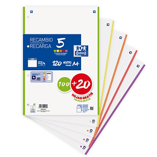 Oxford School Pack de 5 A4 Recambio - Liso - Promocion 100+20 Hojas - Colores Surtidos