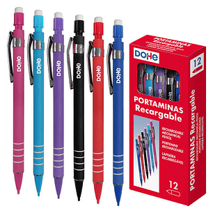 Dohe Portaminas Recargable con Cuerpo de Plastico - Zona Estriada para Agarre - Clip Metalico - Pulsador con Goma de Borrar - Punta de Plastico - para