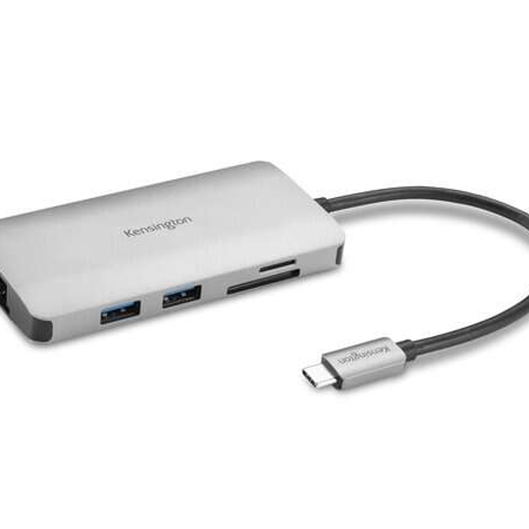 Kensington Hub 8 en 1 Conexion USB-C - Puertos: 3x USB 3.2, 1x USB-C PD hasta 85W, 1x HDMI 2.0, Lector SD y MicroSD - Color Plata 1
