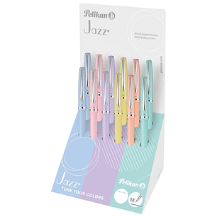 Pelikan Jazz Pastel Expositor con 12 Boligrafos con Mecanismo de Giro - Punta Mediana - Cuerpo Lacado - Recargable - Color Pastel Surtidos