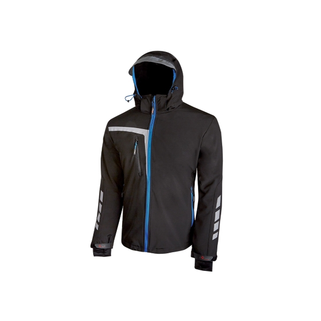 Upower Quick Chaqueta Soft Shell - Talla M - Tejido Elastico Cortavientos Transpirable, Repelente al Agua, Bolsillo Impermeable con Free Sound, Detall 1