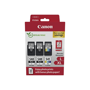 Canon PG540L Negro + CL541XL Color Pack de 3 Cartuchos de Tinta Originales + 50 Hojas de Papel Fotografico - 5224B015