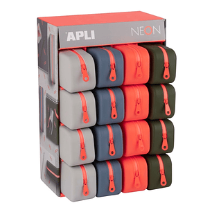 Apli Neon Expositor de 16 Estuches de Silicona Rectangular - Cremallera Repelente al Agua - Medidas 75x185x55mm - Colores Surtidos