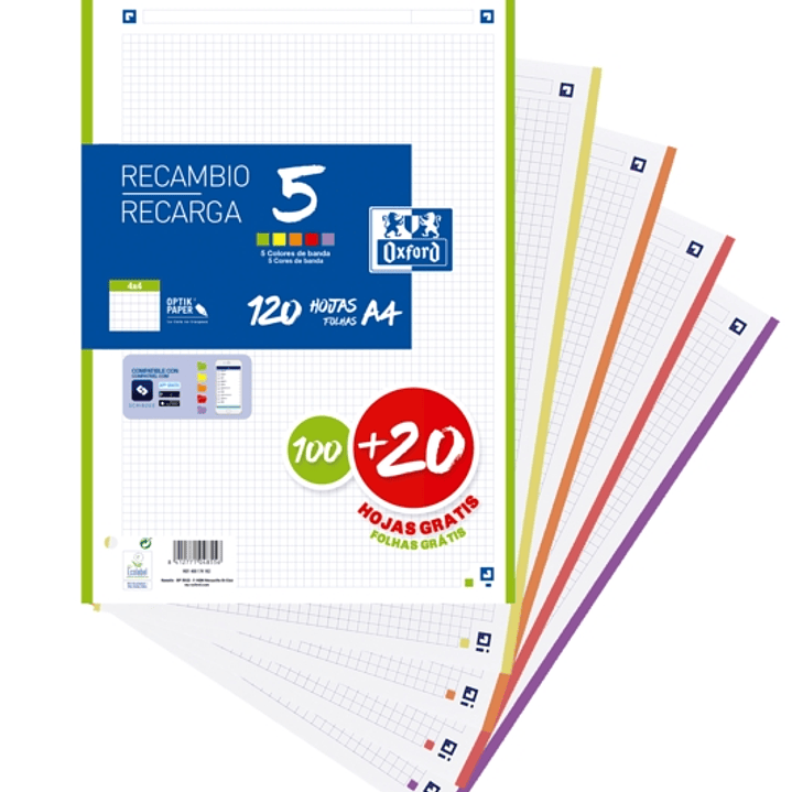 Oxford School Pack de 5 A4 Recambio - 4x4 Promocion - 100+20 Hojas - Colores Surtidos 1