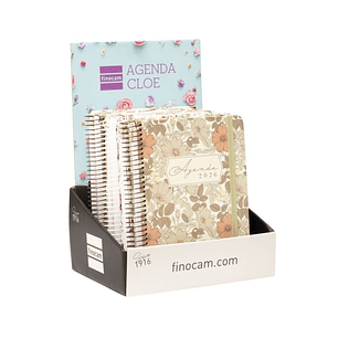 Finocam Cloe Expositor con 6 Agendas de Espiral en Catalan - Anual 2026 - Planificador - Cierre de Goma - Formato E10 - 1 Dia por Pagina - Color Surti
