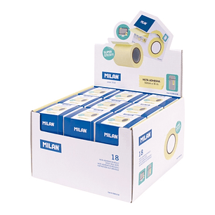 Milan Expositor con 18 Rollos Dispensadores de Banda de Papel Adhesivo - Arista para Cortes Precisos - 5Cmx10m - Color Amarillo Pastel