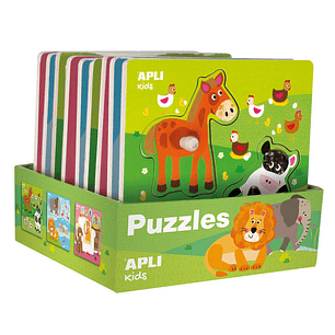 Apli Expositor de Puzles de Madera Encajables Tematica Infantil Animales - 20x20 cm - 9 Puzles con Guia Impresa - Alto Valor Didactico - Exclusiva Ilu