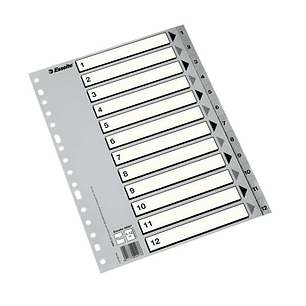 Esselte Indice Numerico de Plastico - Pestañas 1 al 12 - Multitaladro - Formato A4 - Color Gris