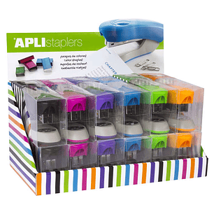Apli Expositor de Grapadoras Office - Tamaño de Grapas Nº22/6-24/6 - 12 Unidades en Colores Surtidos - Incluye 2000 Grapas por Grapadora