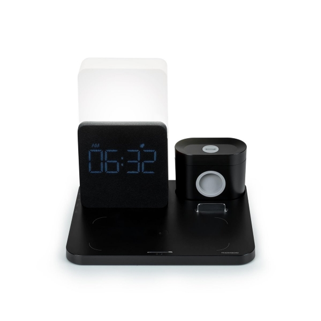 Thomson Reloj Despertador con Estacion de Carga Inalambrica para Smartphone, Smartwatch - Carga USB-C para Auriculares - Pantalla LCD - Luz Nocturna L 1