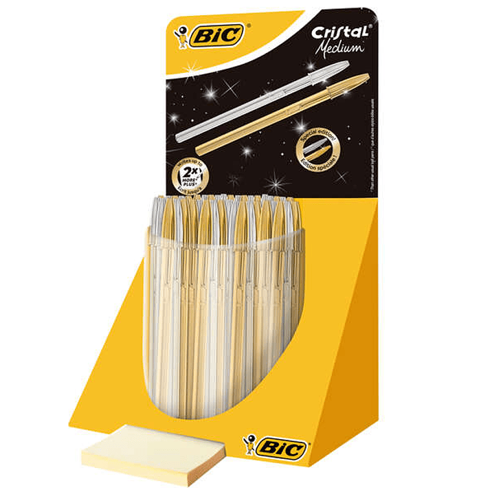 Bic Cristal Linea Celebration Expositor de 40 Boligrafos de Bola con Cuerpo Dorado y Plateado - Punta Media de 1.0mm - Tinta con Base de Aceite - Colo 1