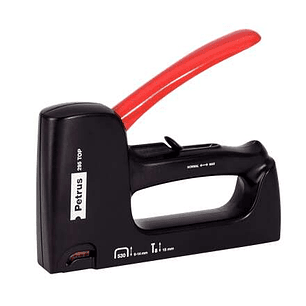 Petrus 295 Top Clavadora/Grapadora - Para Grapas 530/6 a 14mm y Pins Tipo 8 de 15mm - Ajuste de Potencia - Color Negro/Rojo